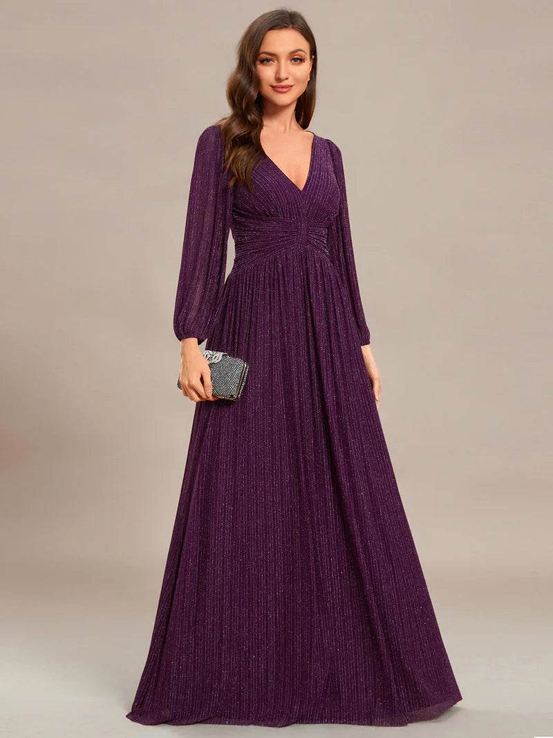 Maxi Chiffon Evening Dress with V-Neck, Long Sleeves & Fitted Waist - Biamonde